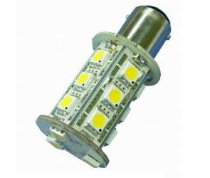 BULB BA15D 18LED 8-30VDC WW - These high quality LED replacement bulbs save power. Same light output as approximately a 15-21W incandescent bulb. Using the latest SMD5050 chips they provide the highest light to consumption ratio available today. LEDs are arranged 3 on five sides and 3 on the end. Specification: Base - BA15D - Double Contact 15mm Bayonet, 3.2 Watts, 10 - 30V DC, Equivalent incandescent - 15-21 Watts, 231 Lumens (Warm White).
